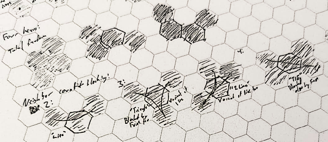 Photo of Hive algorithm notes on hex grid paper